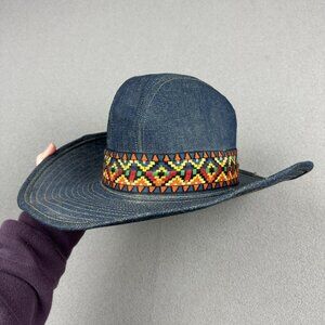 Vintage Blue Denim WESTERN COWBOY HAT Stitched Trim 100% Cotton Wire Brim Medium